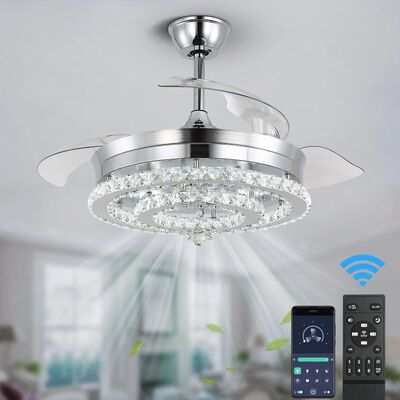 Led Light Retractable Chandelier Invisible Blade Dimmable Crystal Timing Fan lamp(WH-CLL-61)
