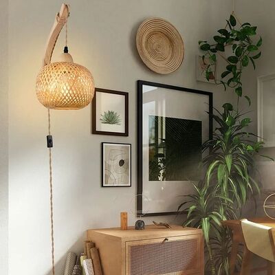 Natural Rattan Wicker Hand-Woven  Bamboo Lantern Wall Lamp with plug  (WH-VR-136)