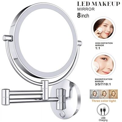 8 Inch Chrome 10x Magnifying Double Side USB Charging Bathroom 3 Color Makeup Mirror lamp(WH-MR-82)