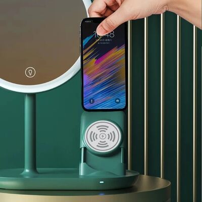 USB Rechargeable Vanity Mirror with Wireless Charger Portable 3 Colors LED Lights Makeup Mirror with lamp(WH-MR-99)