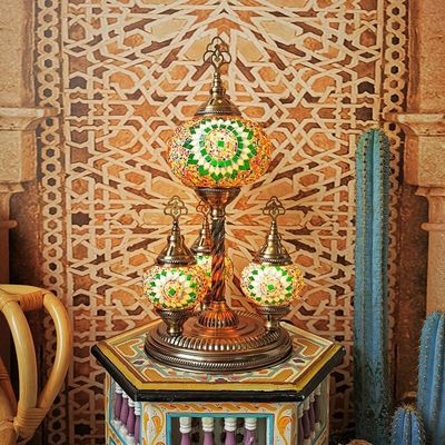 Turkish Restaurant Glass Table Lamp With Brozne Metal Base Colorful Handmade Desktop Lamp(WH-VTB-20)