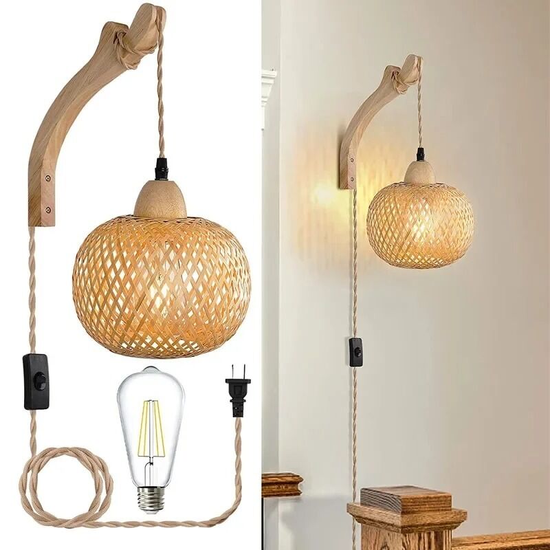 Natural Rattan Wicker Hand-Woven  Bamboo Lantern Wall Lamp with plug  (WH-VR-136)