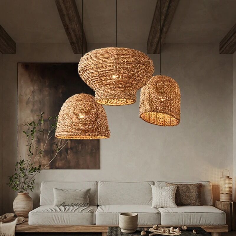 Loft Lamps Restaurant Decor Vintage Woven Rattan Wabi-sabi Style Pendant Lights(WH-WP-129)