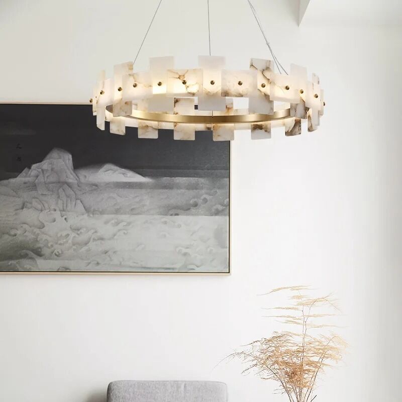 Copper Ring Living Room Restaurant Hanging Lamp Round Natural Marble Chandelier Alabaster Halo Chandelier(WH-MI-483)