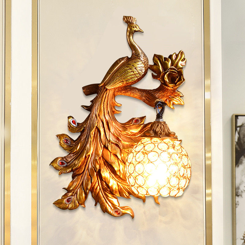 Vintage Creative Art Deco Peacock Resin Wall Lamp Gold Vanity Luxury Bedroom Wall Light（WH-VR-62）